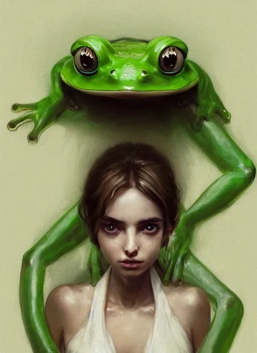 Image similar to portrait of my ethereal waifu cute innocent green slimy alien female froggy lady, ana de armas, with adorable uwu eyes painted by greg rutkowski, wlop, 7 0 s scifi