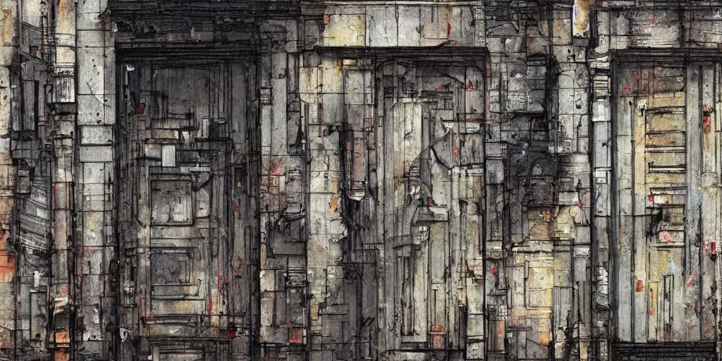 Prompt: street - level street block facade. texture. textural. doors. street. art by greg rutkowski and william o'connor