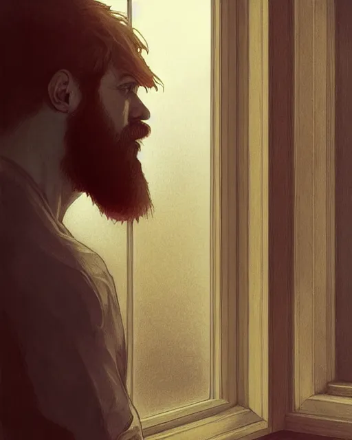 Prompt: attractive red - headed bearded man looking out the window sadly, highly detailed, digital painting, artstation, concept art, smooth, sharp focus, illustration, art by artgerm and greg rutkowski and alphonse mucha
