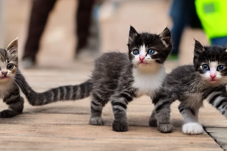 Prompt: kittens walking across a construction beam