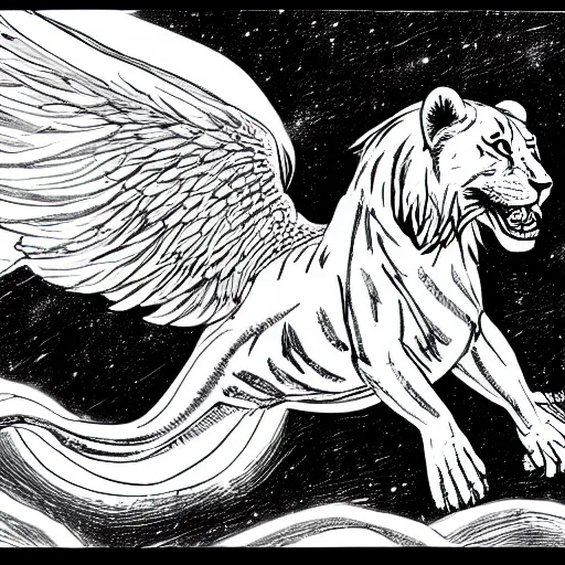 Prompt: angelic lioness flying in outer space, black and white ink on paper, thick outlines, 8k high quality detailed art, trending on art station, manga art, by Eiichiro Oda