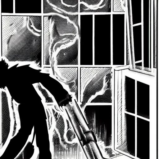 Prompt: close-up scene neighbor drilling grid holes in a room, manga, black and white manga horror in style of junji ito, kentaro miura