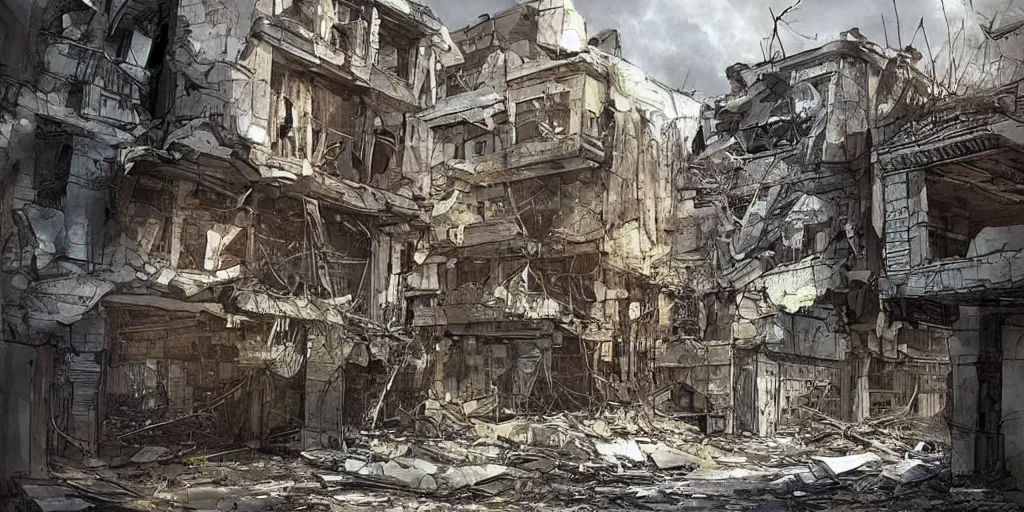 Image similar to dilapidated detailed buildings, beautiful concept art of donetsk during war