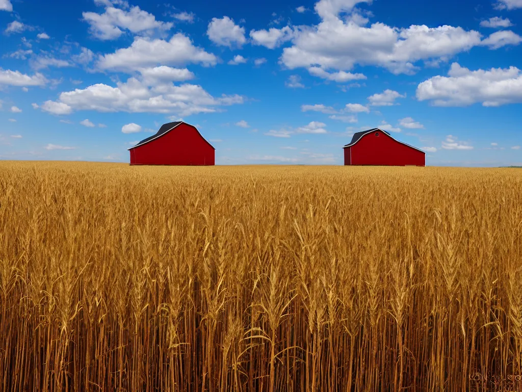 Image similar to A single isolated old red barn next to a wheat crop at noon. Blue sky, award winning photography, wide shot, surreal, dreamlike.