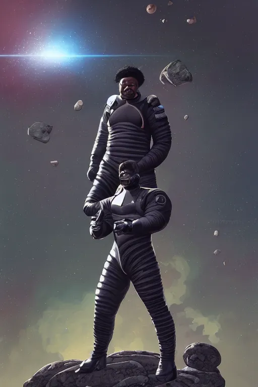 Image similar to portrait of a black man as baron harkonnen wearing leather spacesuit, standing on rocky outcrop and firing a retro laser pistol, detailed, nebula space background, illustration by normal rockwell, artstation character art, adebanji alade, concept art, greg rutkowski, artgerm