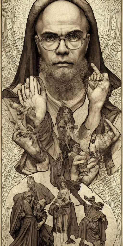 Image similar to portrait saint maximilian kolbe info graphic in the art style of leonardo da vinci pencil, ultra detailed illustration art by artgerm and greg rutkowski and alphonse mucha and junji ito, 8 k