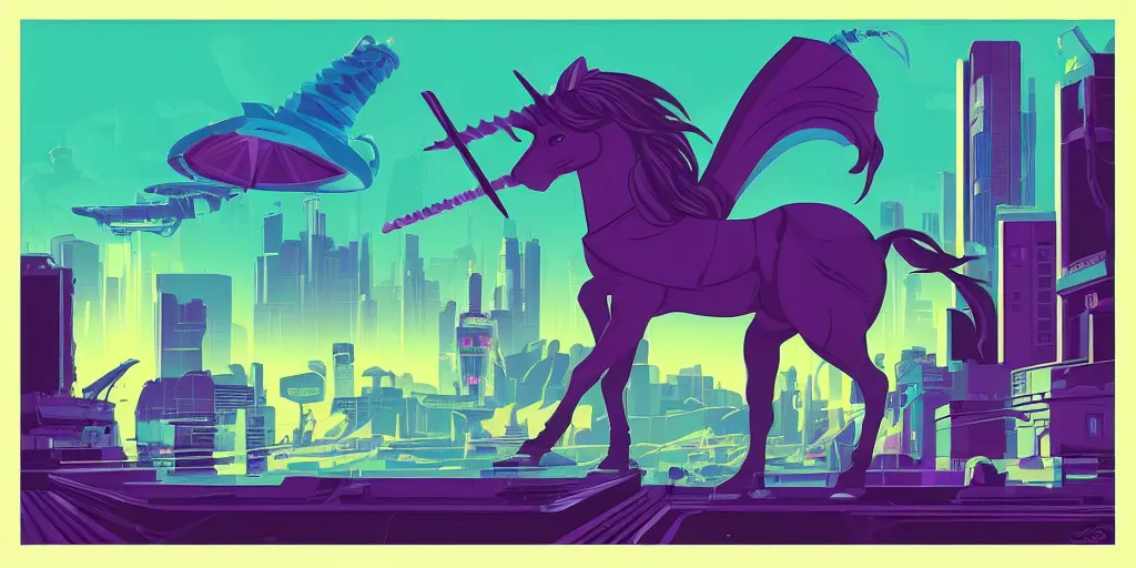 Prompt: unicorn in a futuristic cyberpunk town. By Tom Whalen, highly detailed