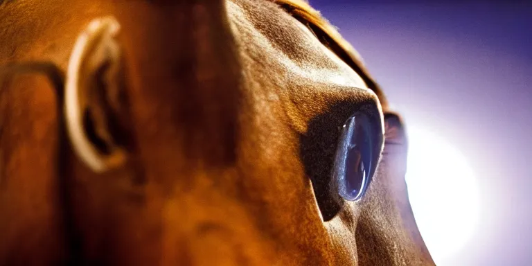 Prompt: photorealistic wide angle close up shot cinematography of a photoreal scientifically accurate horse skull with glowing eyes in a twilight zone episode eyes shot on film at magic hour with the sun shining into a large 6 0's hotel lobby room filled with volumetric haze by the shining cinematographer john alcott on a cooke panchro 6 5 mm macro lens.