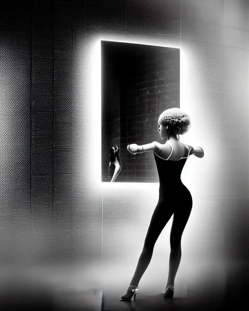 Image similar to black and white high quality photo of a beautiful futuristic dancing female posthuman-cyborg looking into a sci-fi mirror:: volumetric lighting, liminal space, brutalism, foggy, dreamy, hyperdetailed, bokeh, photorealistic, cinematic, masterpiece, Metropolis, elegant, dark, octane render, 8K, in the style of Dora Maar and Man Ray
