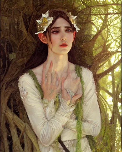 Image similar to a beautiful elf princess, oil painting, by Fernanda Suarez and and Edgar Maxence