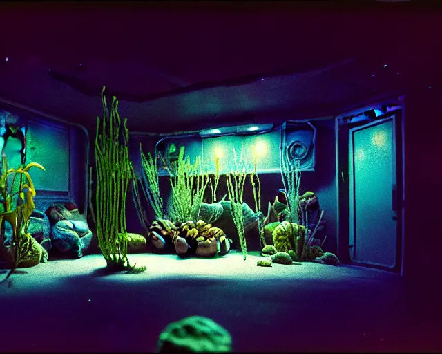 Image similar to low angle shot of a space port at night, aquatic plants, coral, shabby chic, cinematography by Jim Jarmusch, composition by Hale Woodruff,in the style of Nan Goldin, set design by Antonin Gaudí, 35mm, graflex, color film photography