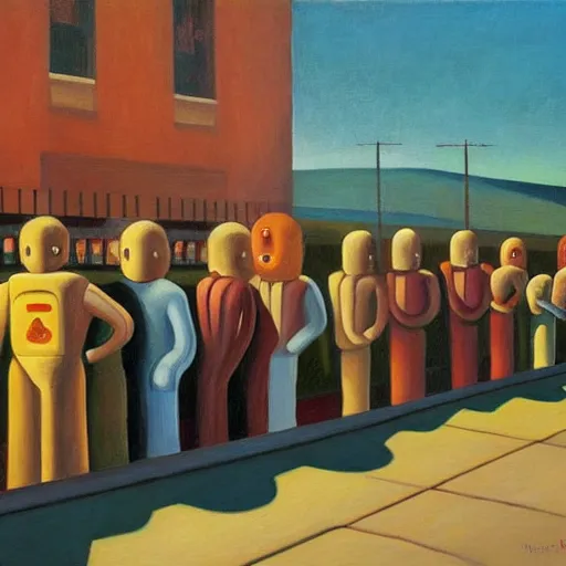 Image similar to robots queue up for ice cream, grant wood, pj crook, edward hopper, oil on canvas