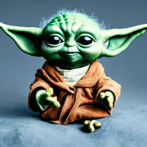 Image similar to cute baby yoda muppet, intricate detail, beautiful aesthetic, photorealistic, award winning professional cinematic composition, dramatic lighting, 8 k