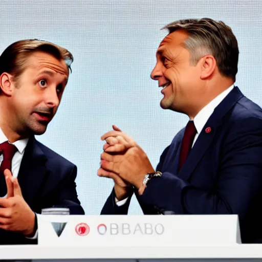 Image similar to Viktor Orban fighting Ryan Gosling