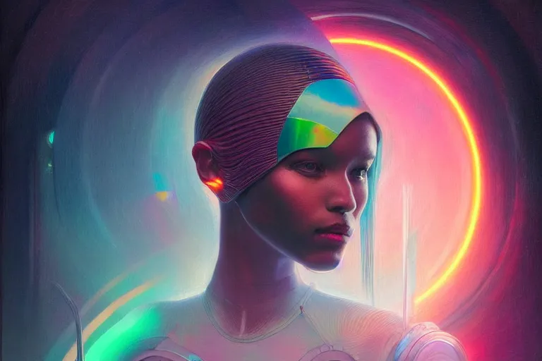 Image similar to patron saint of 🛸🌈👩🏾, futuristic clothing, neon god of city character portrait, in the style of moebius, tom bagshaw, and waterhouse, cinematic lighting, beautiful, elegant, oil painting,