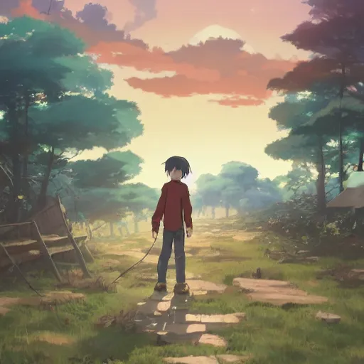 Image similar to ape wearing a flannel shirt, building in carpenter workshop, landscape illustration concept art anime key visual trending pixiv fanbox by wlop and greg rutkowski and makoto shinkai and studio ghibli and kyoto animation