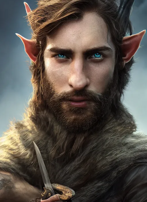 Image similar to A striking epic hyper real painting of an arrogant half elf ranger with shaggy brown hair, scruffy beard, scar on face, blue tunic, unreal 5, DAZ, hyperrealistic, octane render, cosplay, RPG portrait, dynamic lighting