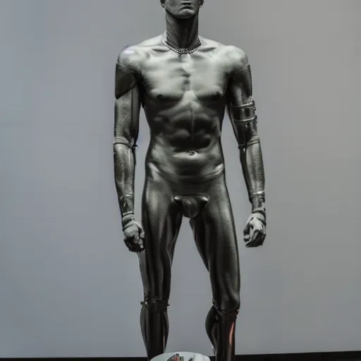 Image similar to a realistic detailed photo of a guy who is an attractive humanoid who is half robot and half humanoid, who is a male android, boxer and youtuber logan paul, shiny skin, posing like a statue, blank stare, at the museum, on display