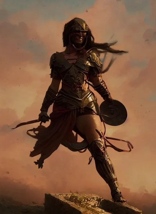 Prompt: hyper realistic photo of gladiator girl, full body, rule of thirds, conceptart, saturated colors, cinematic, greg rutkowski, brom, james gurney, mignola, craig mullins, artstation, cgsociety