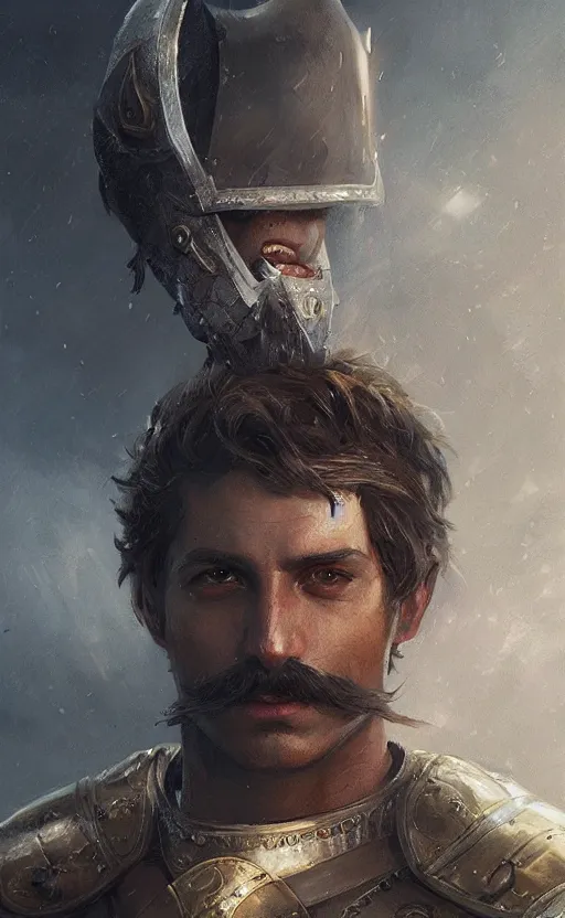 Image similar to Portrait of a Knight with a moustache, male, detailed face, fantasy, highly detailed, cinematic lighting, digital art painting by greg rutkowski