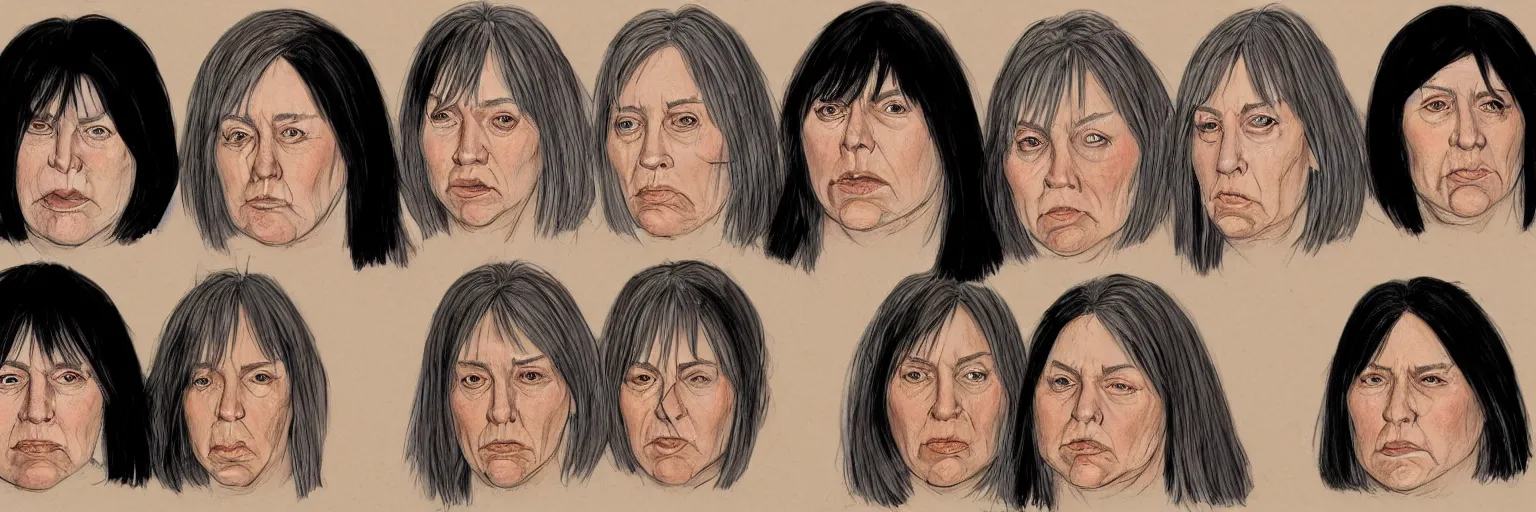 Image similar to colored pencils female character face study of iggy pop, fat woman, 5 5 yo, clear female iggy pop faces, emotional, character sheet, fine details, concept design, contrast, kim jung gi, pixar and da vinci, trending on artstation, 8 k, 3 6 0 head, turnaround, front view, back view, ultra wide angle