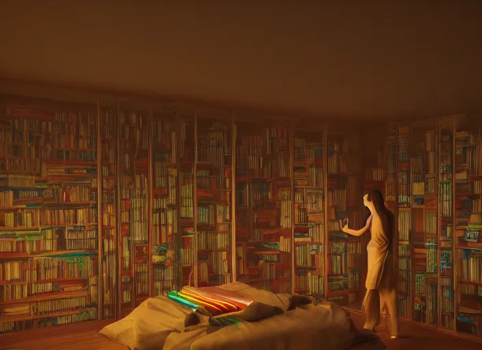 Prompt: rgb wires, woman, library, cinematic, movie scene, inspired by zdzislaw beksinski, veins,, cables everywhere, bedroom, ultra realistic, concept art, intricate details, highly detailed, photorealistic, octane render, 8 k