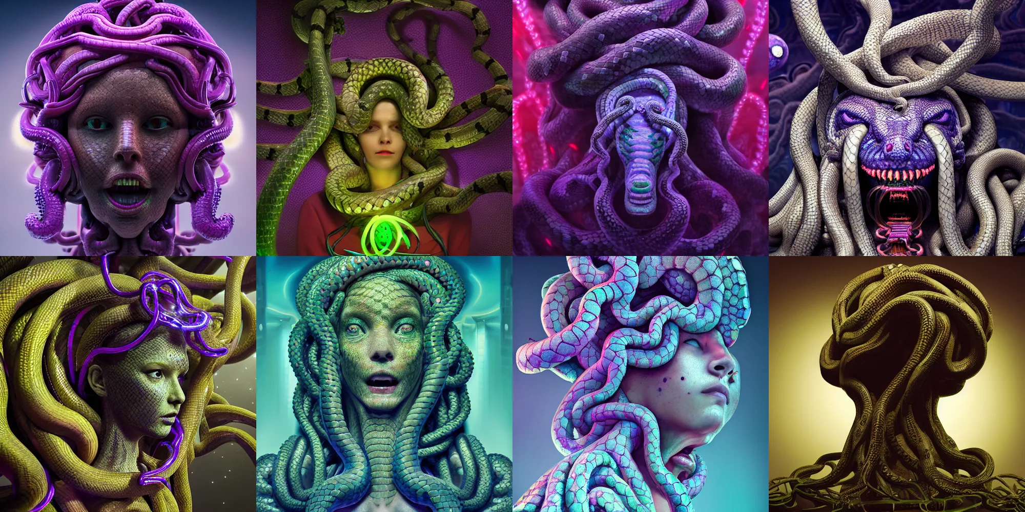 Image similar to beautiful medusa gorgon head highly detailed snakes, cosmic horror, ghostly, arcade, duotone, poltergeist, epic lighting, intricate, elegant, smooth, sharp focus, photo real, ultra realistic, unreal engine 5, raytracing, in the style of beeple and mike winkelmann, ultraviolet colors,