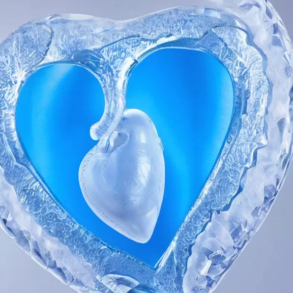 Prompt: a medical illustration of a human heart, beautiful shaped glass sculpture made of icy snowy frosted glass with light blue white tint. studio lighting, high resolution, high quality, very detailed, sculpture on a pedestal