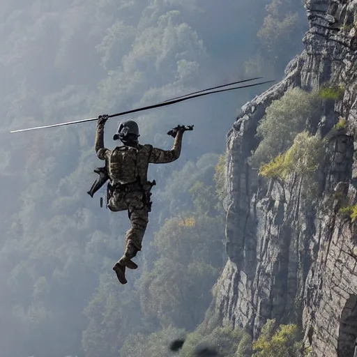 Prompt: Special Forces in grey uniform rappelling from a helicopter in Ukraine 2022, photo by Adam Ferguson, Pulitzer Winning, cinematic composition, breathtaking, modern, 2022