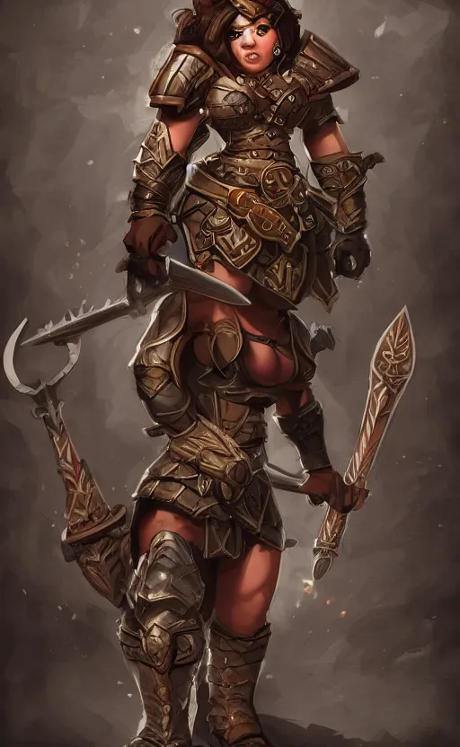 Prompt: Dungeons and dragons character art, dwarf woman, dark skin, battleaxe, wearing armor, trending on artstation