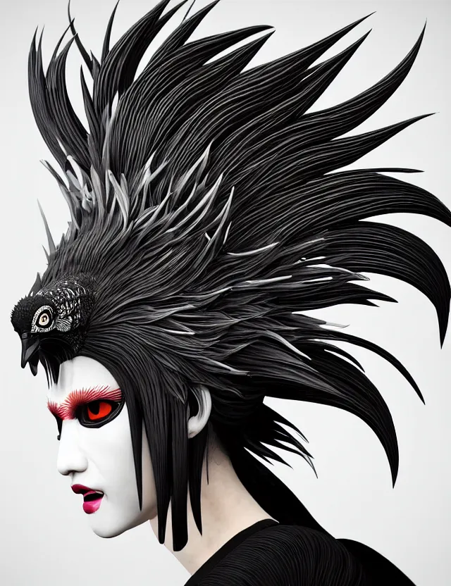 Image similar to 3 d goddess close - up profile simple portrait punk with mohawk with ram skull. beautiful intricately detailed japanese crow kitsune mask and clasical japanese kimono. betta fish, jellyfish phoenix, bio luminescent, plasma, ice, water, wind, creature, artwork by tooth wu and wlop and beeple and greg rutkowski