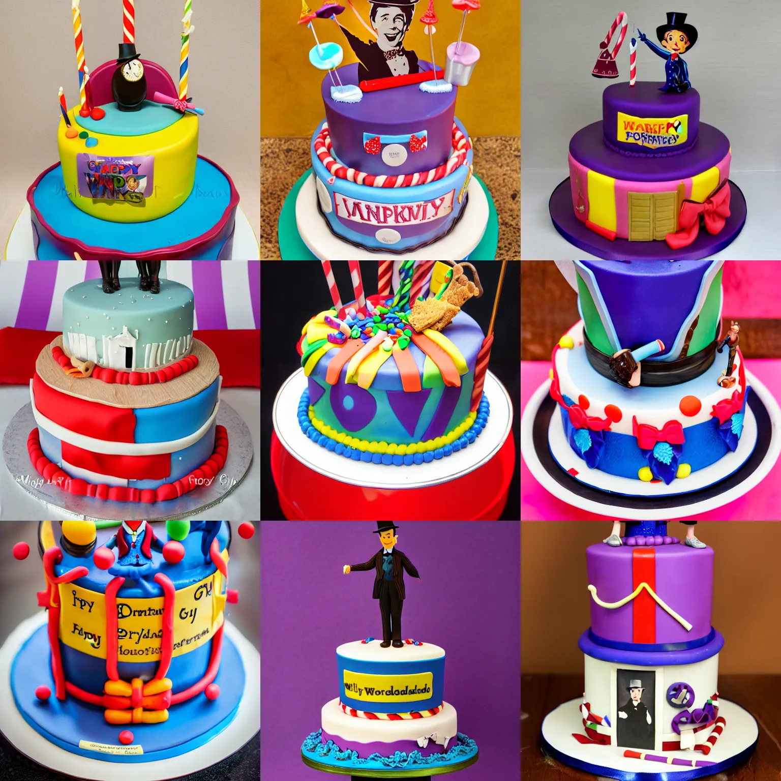 Prompt: mary poppins willy wonka birthday cake, food photography, 3 5 mm, high resolution photo