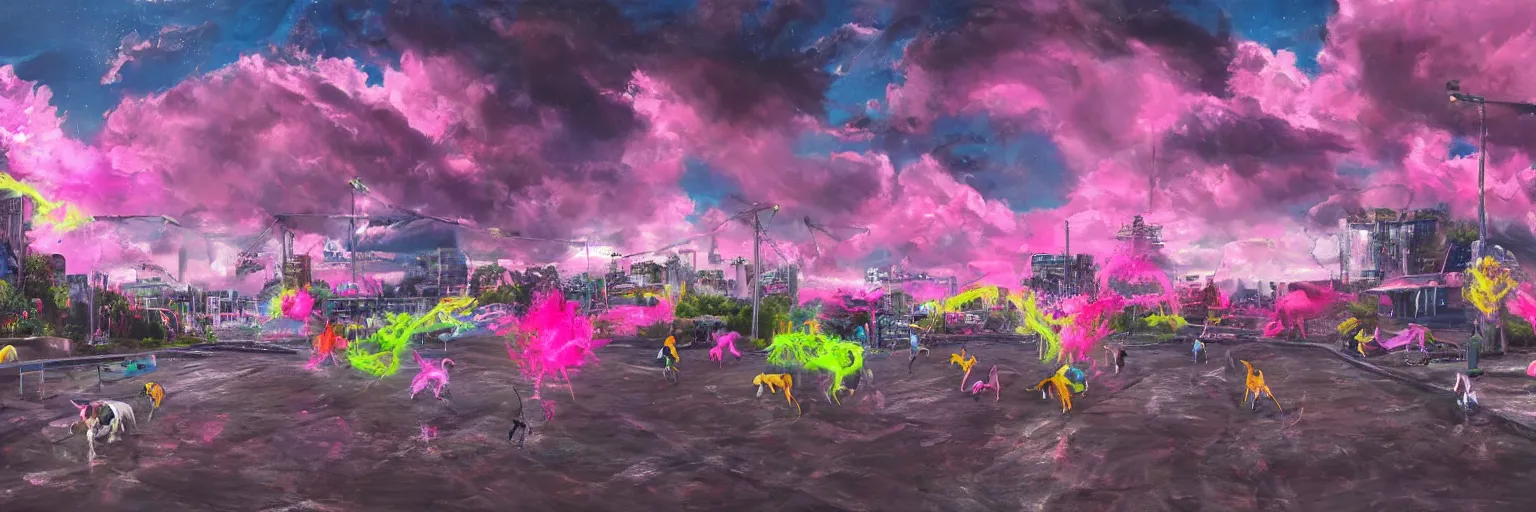 Image similar to oil painting, dog run, pink, ultra detailed, the middle view dog, run, spase dogs and punks running with neon mohawks, space, dark, stars, pirate neon ship with punks on board, neon, rich deep colors masterpiece, contrast, clouds, sky, volumetric light, atmospheric lighting, dramatic, moody, octane render