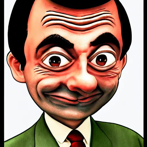 Image similar to Mr. Bean in a 2D Animated Mr. Bean film from the 1990s, cell shaded, grainy quality, very detailed, highly detailed, hand drawn, traditional art, animated, 8k resolution