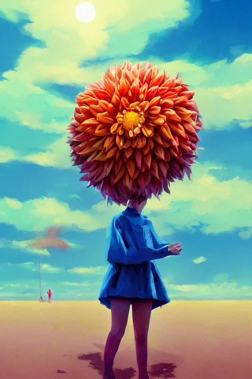 Image similar to closeup girl with huge dahlia flower head, on beach, surreal photography, blue sky, sunrise, dramatic light, impressionist painting, digital painting, artstation, simon stalenhag