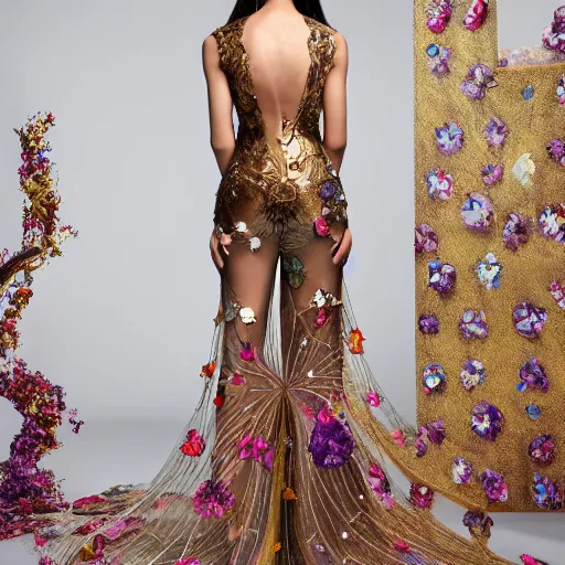 Image similar to exclusive evening dress made of bronze transparent fabric fantasy with colored flower petals made of fabric. intricate asymmetrical patterns. an elegant hat. hyperrealistic photos, clear details.