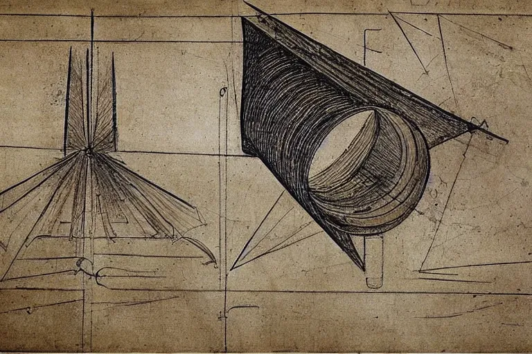 Image similar to engineering sketch by leonardo davinci of a warp drive
