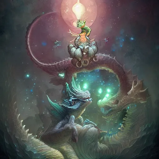 Image similar to a hyperrealistic illustration of a cute and tiny dragon that glows in the dark, dragon baby, glow in the dark, fractal moonlight, little dragon with glowing scales, award - winning, masterpiece, in the style of tom bagshaw, cedric peyravernay, peter mohrbacher