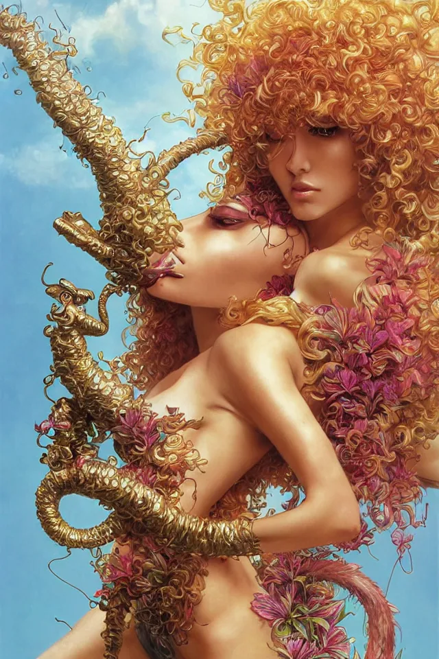 Image similar to an extreme close - up of a chrome cyborg nymph with long fluffy golden blonde curly hair running with a giant flamingo, tropical flower plants, pigmented smoke, by hajime soryama, boris vallejo, artgerm, greg rutkowski, alphonse mucha