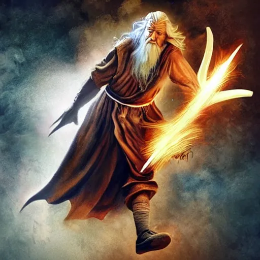 Prompt: gandalf posterizing an orc in the paint with an overpowering dunk, explosive energy, magical, camera flash