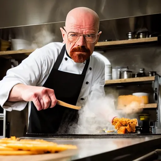 Prompt: Walter White as a chef making fried chicken in a kitchen