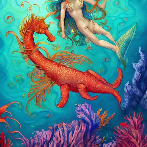 Image similar to merfolk riding seahorses, trending on artstation, colorful, intricate, art by aurore folny and ekaterina burmak