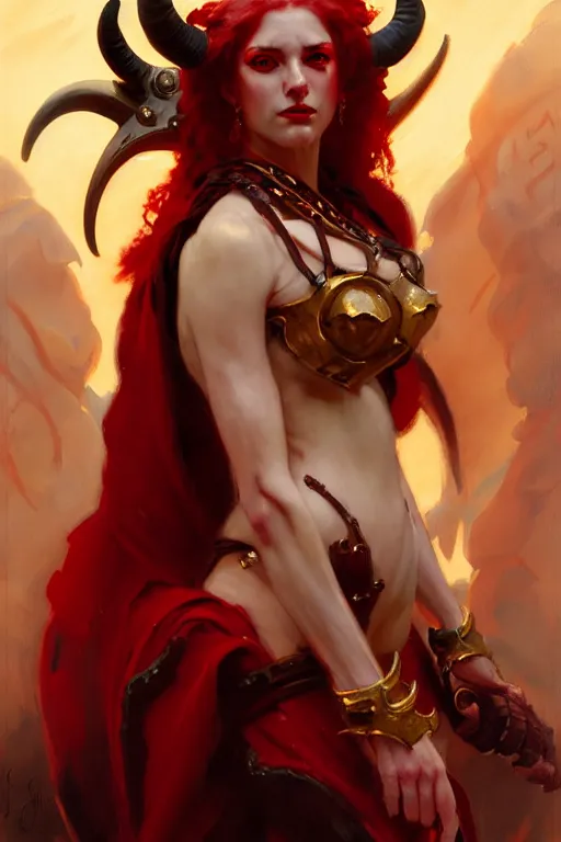 Image similar to painted close - up portrait of a attractive red - skinned intimidating demon cyborg girl with ram horns! oil painting, wearing a noblewoman's outfit, fantasy art by john singer sargent and gaston bussiere and james jean and greg rutkowski, demon noble character design, hd