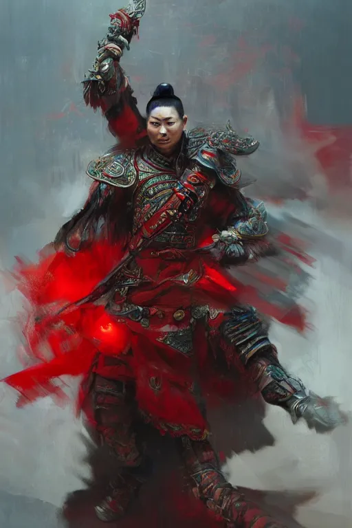 Prompt: chinese warrior, portrait, fierce, intricate, elegant, red volumetric lighting, digital painting, highly detailed, artstation, sharp focus, illustration, concept art, ruan jia, steve mccurry