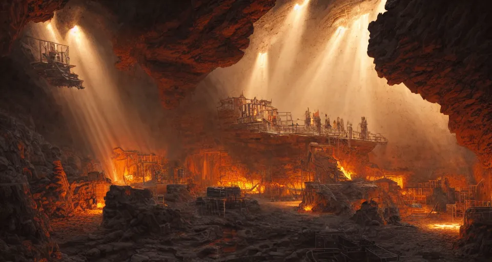 Image similar to a highly detailed digital matte painting of a high-tech smelting pit in a cave, streams of molten iron, workers, by Raphael Lacoste and Stephan Martiniere and Peter Mohrbacher and Robert McCall, volumetric lighting, hyperdetailed, octane render, 8k H- 640
