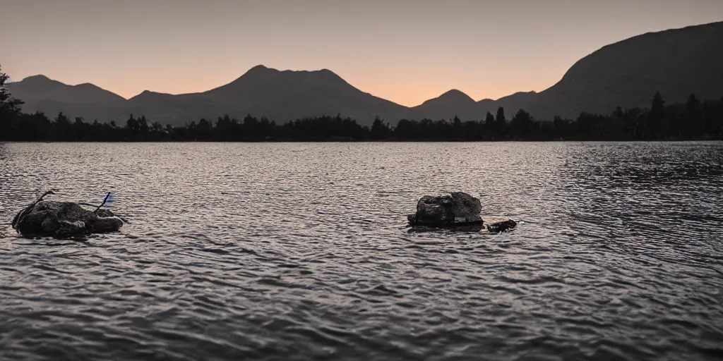 Prompt: a bundle of rope floating in the water in the middle of a lake, a rocky shore in the foreground, mountains in th ebackground, sunset, a bundle of rope is in the center of the lake, eerie vibe, leica, 2 4 mm lens, 3 5 mm kodak film, directed by charlie kaufman, f / 2 2, anamorphic