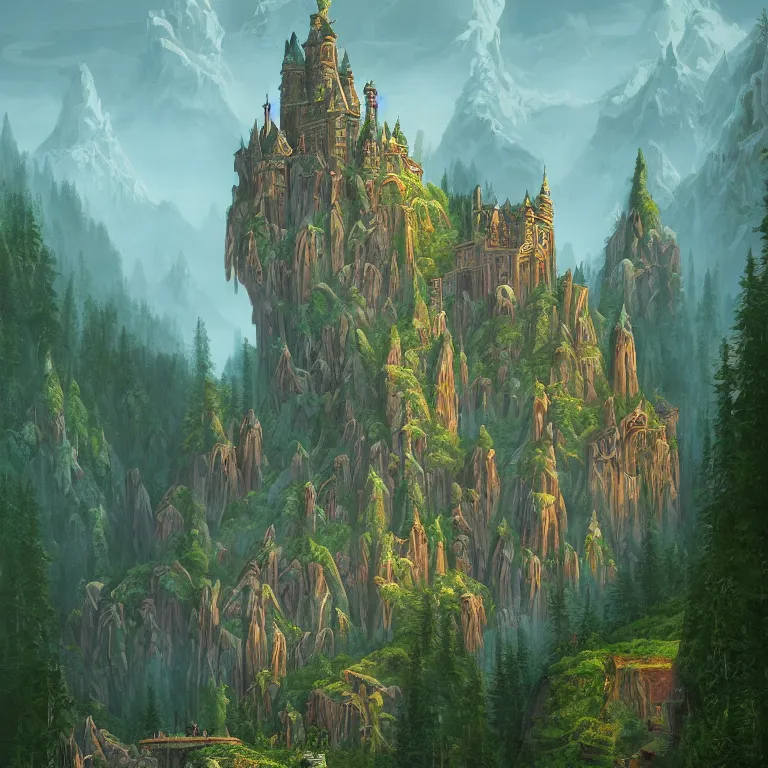 Prompt: a beautiful ultradetailed painting of an elegant high fantasy surreal arcane castle on a green mountain above a forest by wes anderson trending on artstation