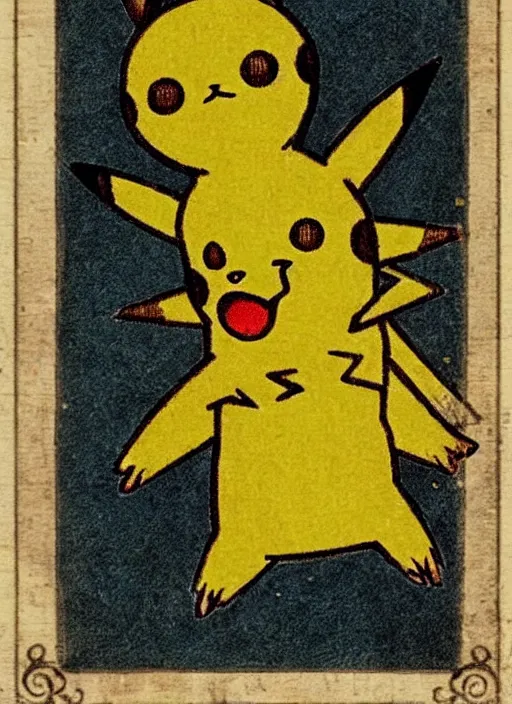 Image similar to creepy pikachu Pokémon card from the 1700s