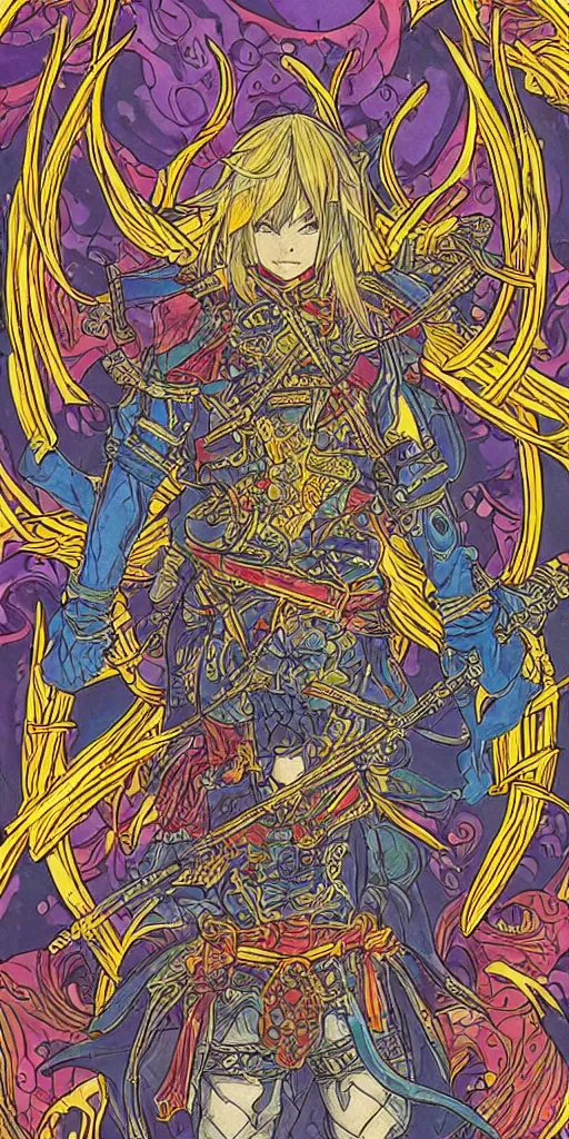 Image similar to a ninja from final fantasy 14, intricate, amazing line work, cosmic, psychedelic, cheerful, colorful, tarot cards, the devil tarot card