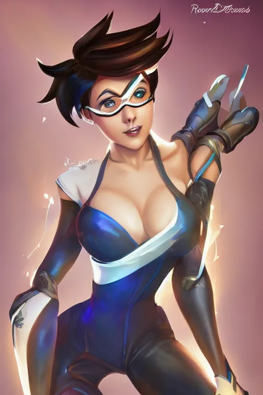 Prompt: pinup of tracer from overwatch, elegant, by rossdraws